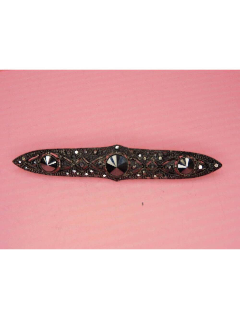 Vintage Gothic Black Jet Marcasite Bar  Pin